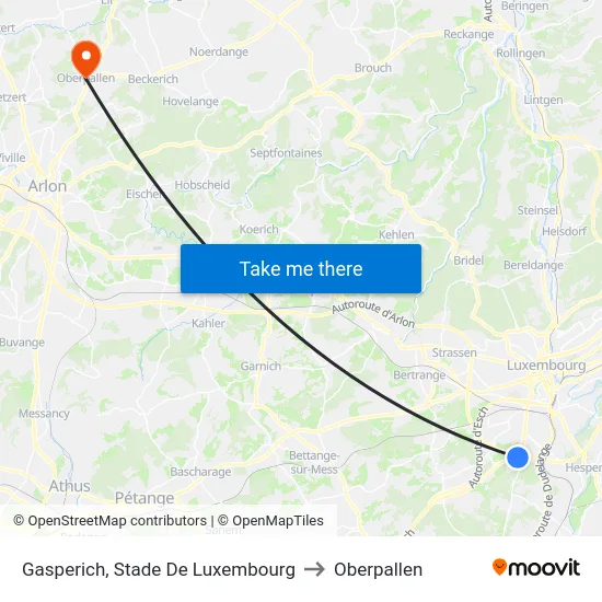 Gasperich, Stade De Luxembourg to Oberpallen map
