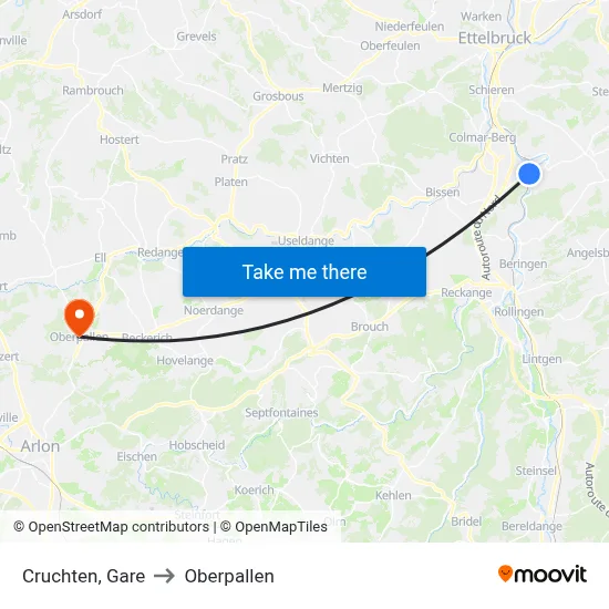 Cruchten, Gare to Oberpallen map