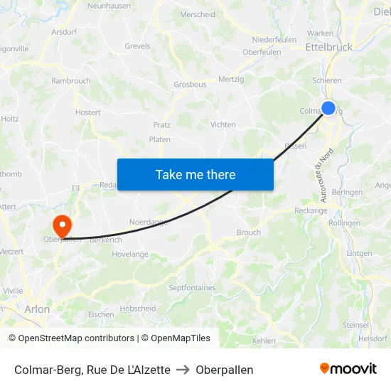 Colmar-Berg, Rue De L'Alzette to Oberpallen map