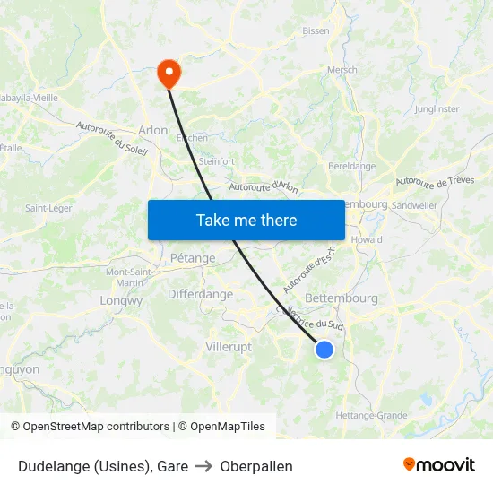 Dudelange (Usines), Gare to Oberpallen map
