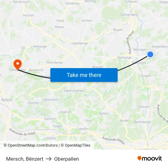 Mersch, Bënzert to Oberpallen map
