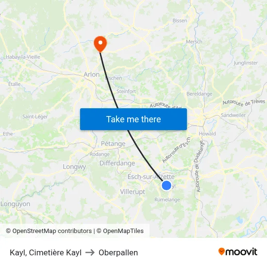 Kayl, Cimetière Kayl to Oberpallen map