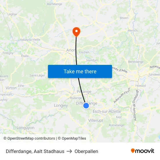 Differdange, Aalt Stadhaus to Oberpallen map