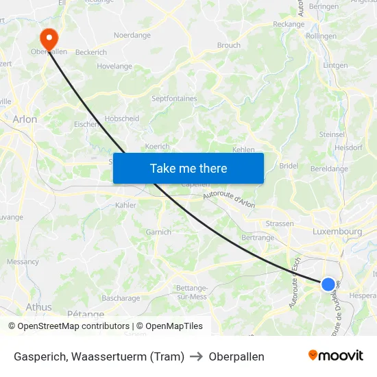 Gasperich, Waassertuerm (Tram) to Oberpallen map