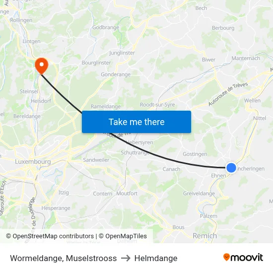 Wormeldange, Muselstrooss to Helmdange map