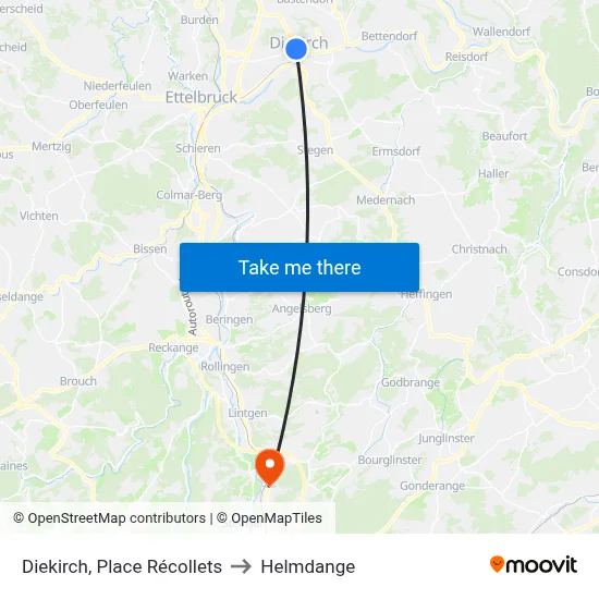 Diekirch, Place Récollets to Helmdange map