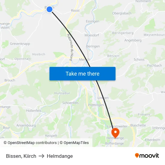 Bissen, Kiirch to Helmdange map