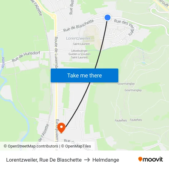 Lorentzweiler, Rue De Blaschette to Helmdange map