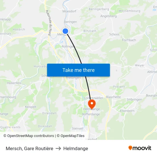 Mersch, Gare Routière to Helmdange map