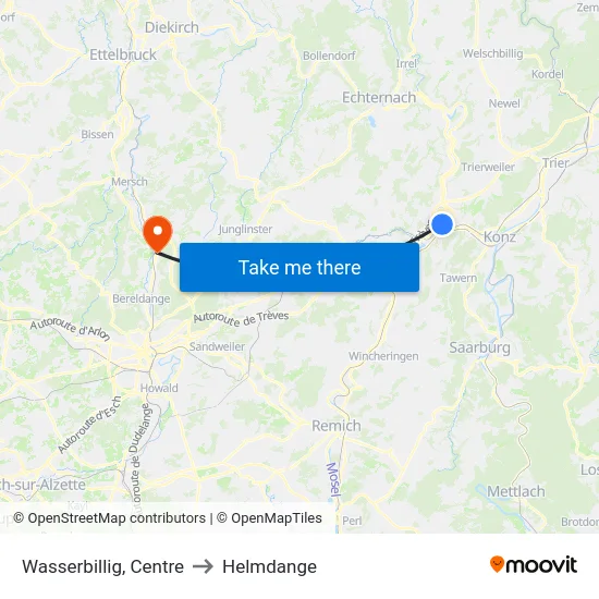 Wasserbillig, Centre to Helmdange map