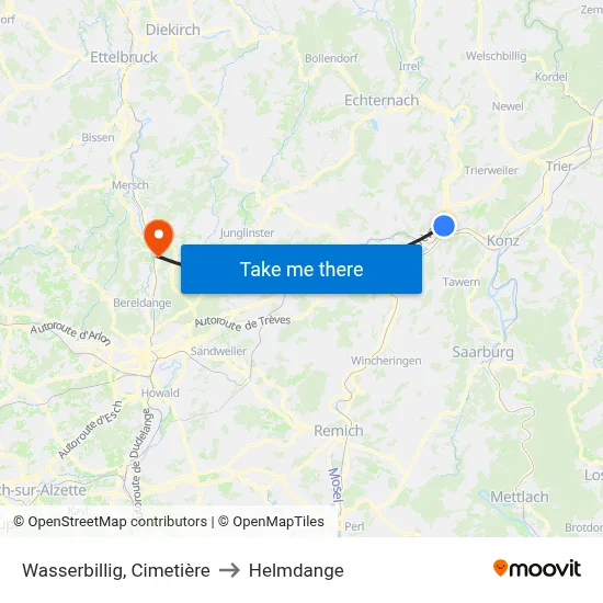 Wasserbillig, Cimetière to Helmdange map