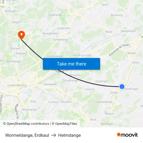 Wormeldange, Erdkaul to Helmdange map