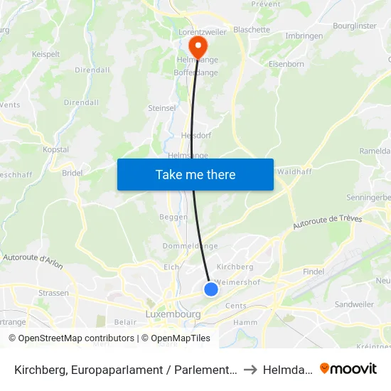Kirchberg, Europaparlament / Parlement Européen to Helmdange map