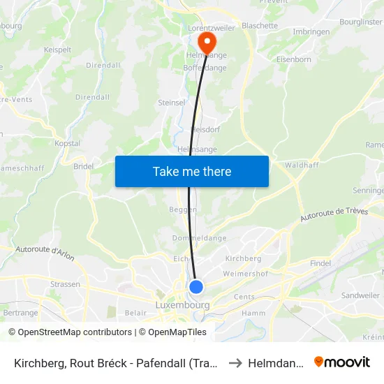 Kirchberg, Rout Bréck - Pafendall (Tram) to Helmdange map