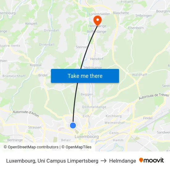 Luxembourg, Uni Campus Limpertsberg to Helmdange map