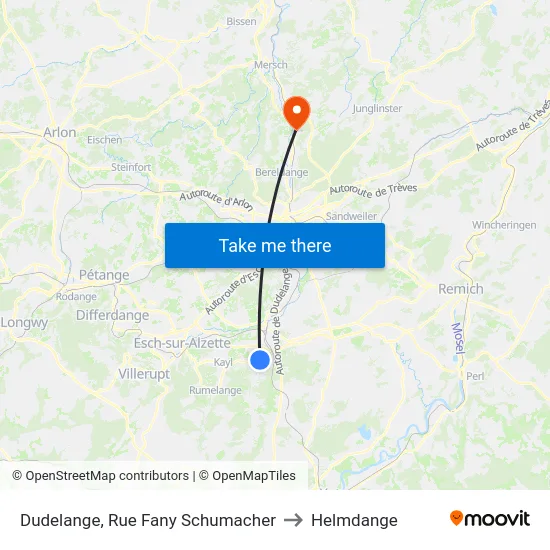 Dudelange, Rue Fany Schumacher to Helmdange map