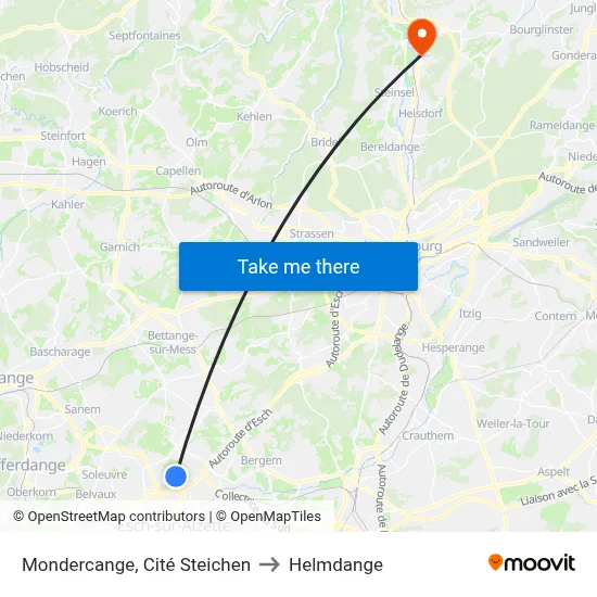 Mondercange, Cité Steichen to Helmdange map