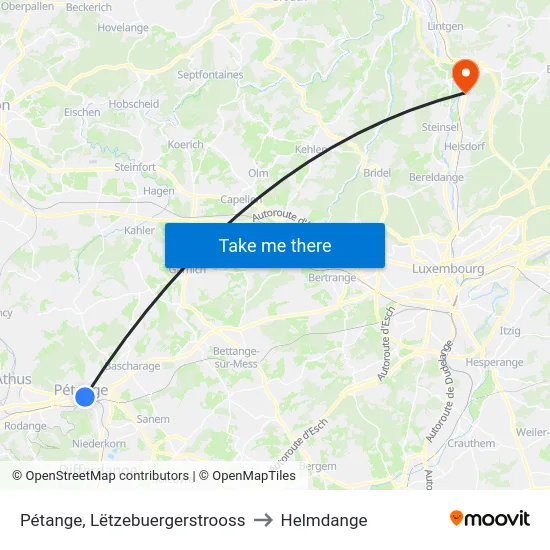 Pétange, Lëtzebuergerstrooss to Helmdange map