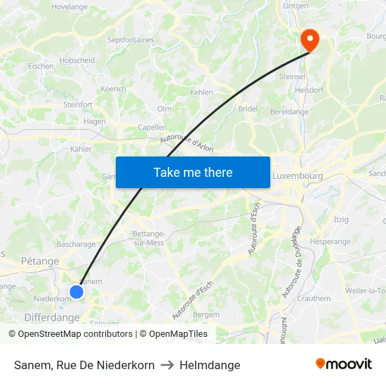 Sanem, Rue De Niederkorn to Helmdange map