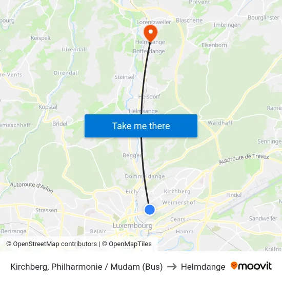 Kirchberg, Philharmonie / Mudam (Bus) to Helmdange map