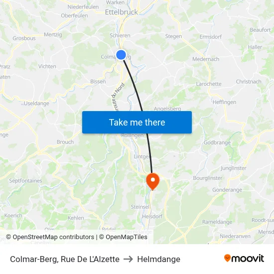 Colmar-Berg, Rue De L'Alzette to Helmdange map