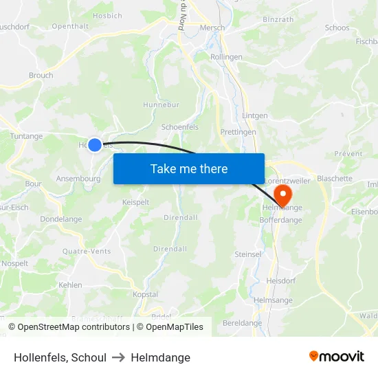 Hollenfels, Schoul to Helmdange map