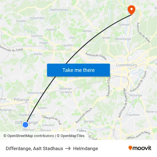 Differdange, Aalt Stadhaus to Helmdange map