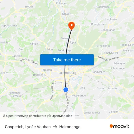 Gasperich, Lycée Vauban to Helmdange map