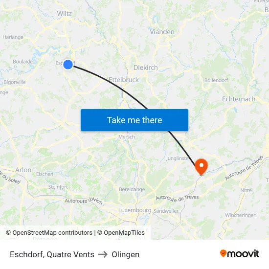 Eschdorf, Quatre Vents to Olingen map