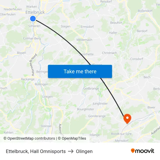 Ettelbruck, Hall Omnisports to Olingen map