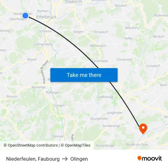 Niederfeulen, Faubourg to Olingen map