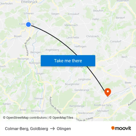 Colmar-Berg, Goldbierg to Olingen map