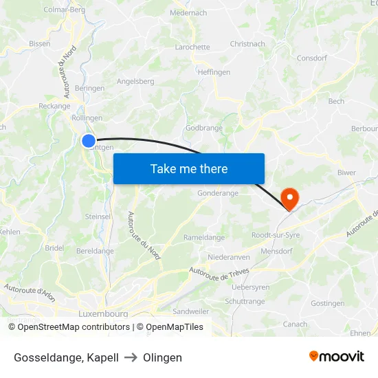 Gosseldange, Kapell to Olingen map