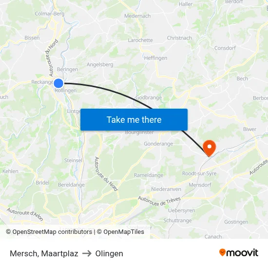 Mersch, Maartplaz to Olingen map