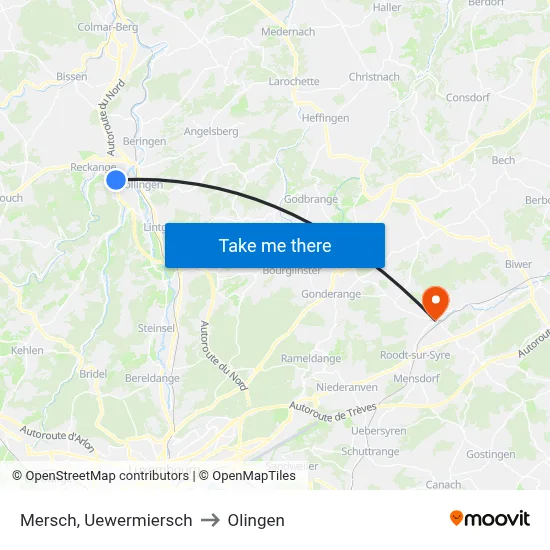 Mersch, Uewermiersch to Olingen map