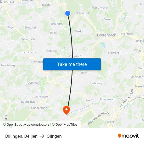 Dillingen, Déiljen to Olingen map