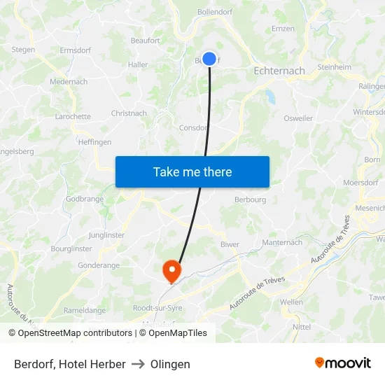 Berdorf, Hotel Herber to Olingen map