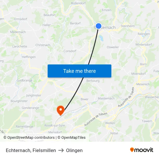 Echternach, Fielsmillen to Olingen map