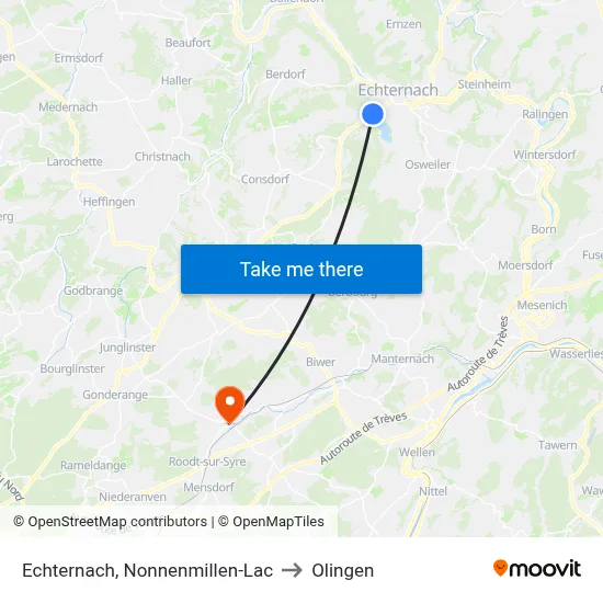 Echternach, Nonnenmillen-Lac to Olingen map
