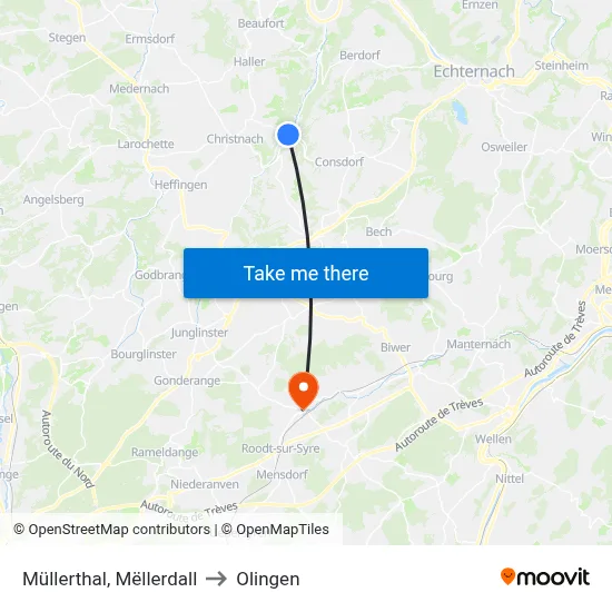 Müllerthal, Mëllerdall to Olingen map