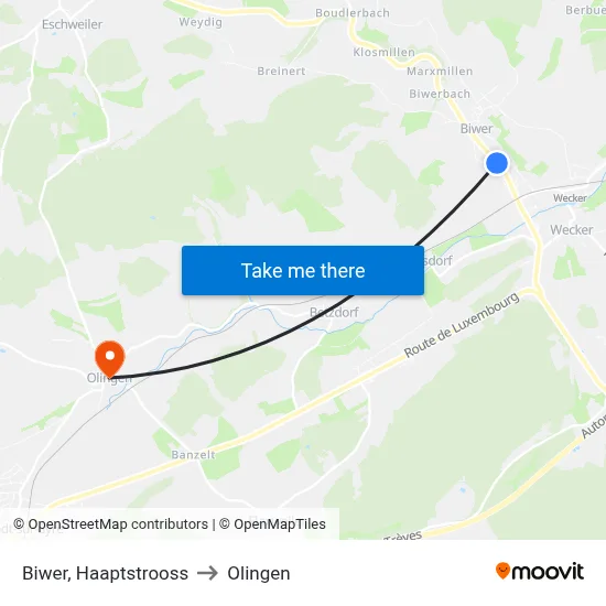 Biwer, Haaptstrooss to Olingen map