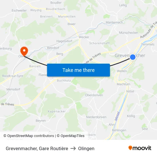 Grevenmacher, Gare Routière to Olingen map