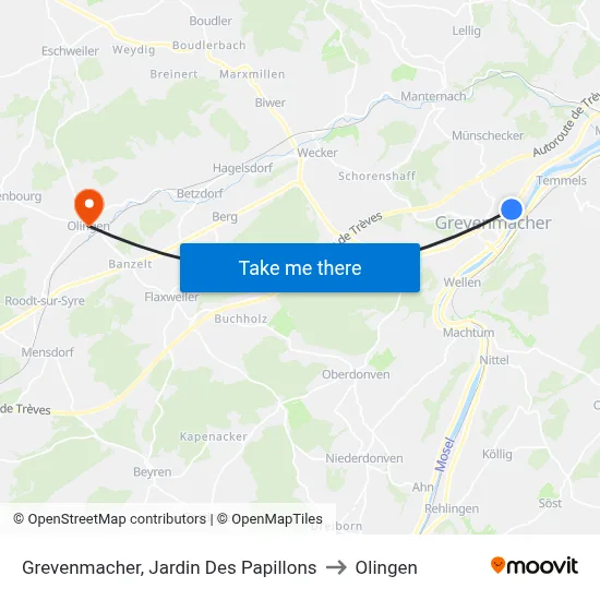 Grevenmacher, Jardin Des Papillons to Olingen map