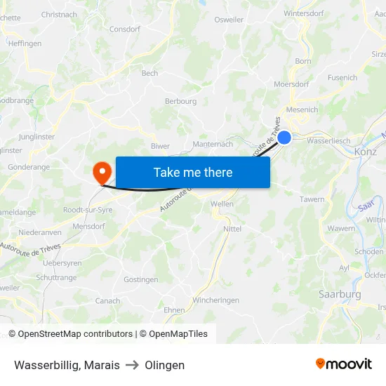 Wasserbillig, Marais to Olingen map