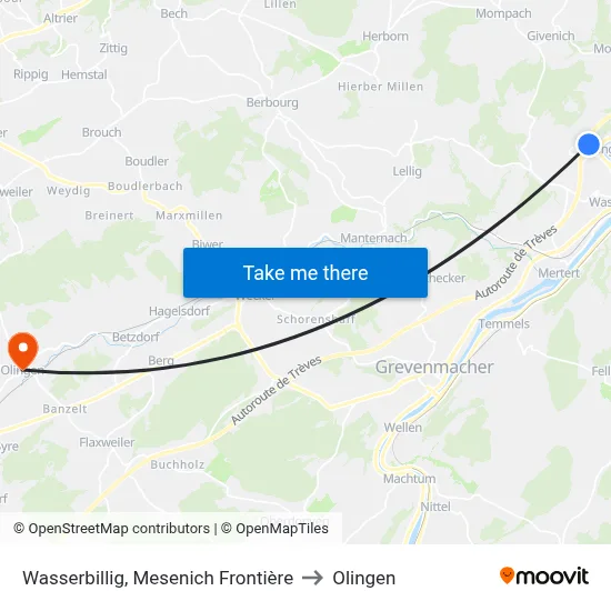 Wasserbillig, Mesenich Frontière to Olingen map