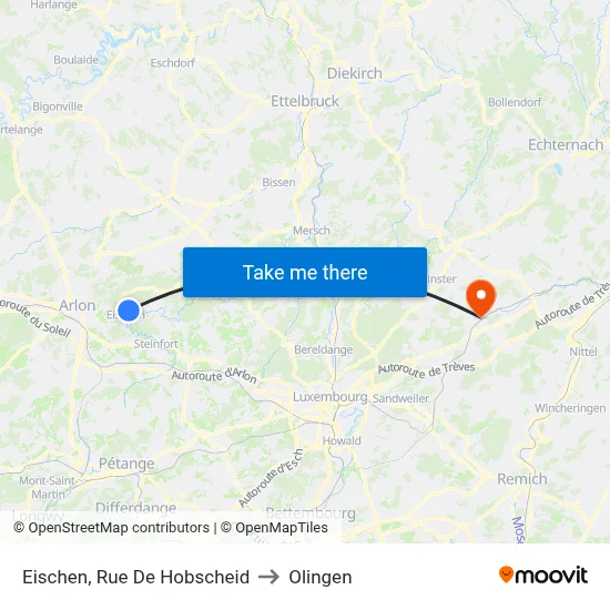 Eischen, Rue De Hobscheid to Olingen map