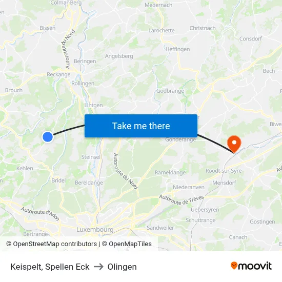 Keispelt, Spellen Eck to Olingen map