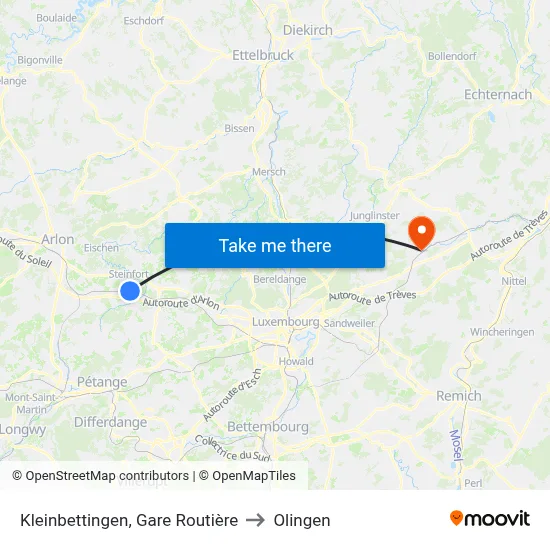 Kleinbettingen, Gare Routière to Olingen map