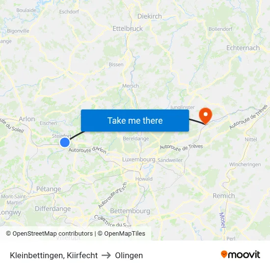 Kleinbettingen, Kiirfecht to Olingen map