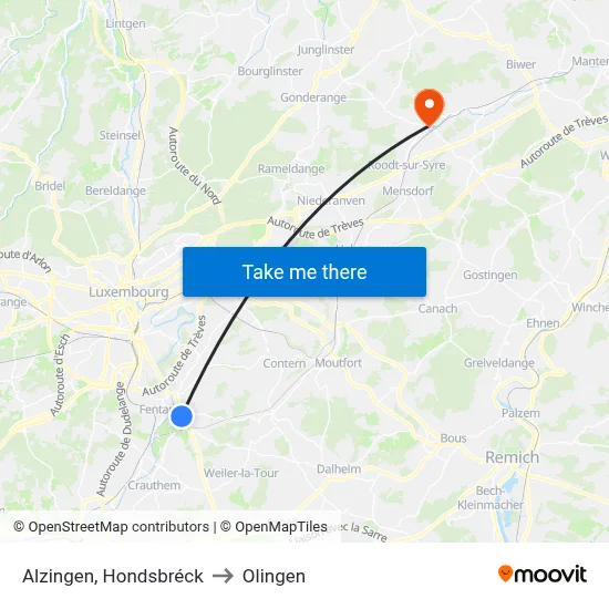 Alzingen, Hondsbréck to Olingen map